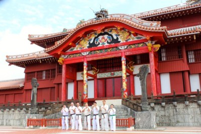 Sempai Alex Lloyd, Sensei Mark McFadden, Sensei Jon Ellis, Shihan Rick Cunningham, Sempai Don Cheong, Sempai James Campbell and Trish Tan at Shurijo, Okinawa.