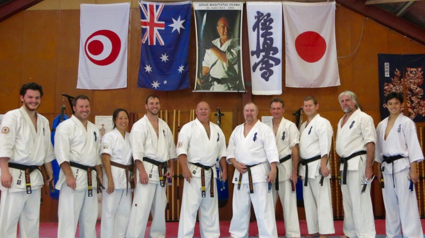The Kobudo class: Sempai Alex, Sensei Mark, Patricia, Sensei James, Shihan Cunningham, Sensei Paul, Sensei Peter, Sensei Ian, Sensei Mark and Sensei Ben.