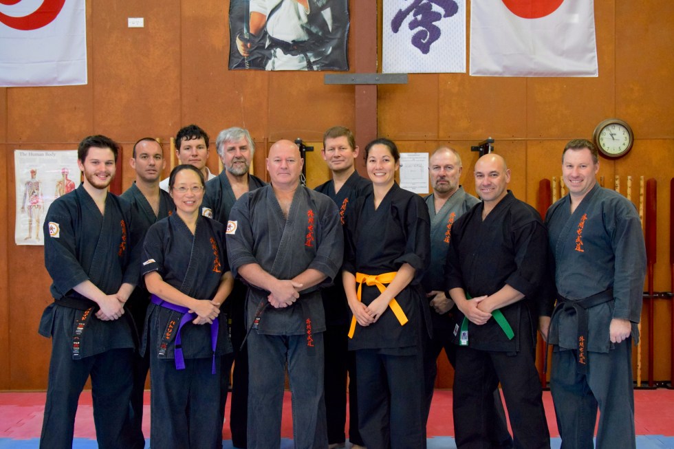 KIMAA Kobudo class: Sempai Alex Lloyd, Sensei Jon Ellis, Patricia Tan, Will Brook, Sensei Mark McFadden, Shihan Rick Cunningham, Sensei Ian Holdaway, Amanda Bolger, Sensei Paul Finnerty, Sempai Rob James & Sensei Mark Shelmerdine