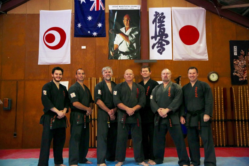 KIMAA Kobudo black belts: Sempai Alex Lloyd, Sensei Jon Ellis, Sensei Mark McFadden, Shihan Rick Cunningham, Sensei Ian Holdaway, Sensei Paul Finnerty & Sensei Mark Shelmerdine.