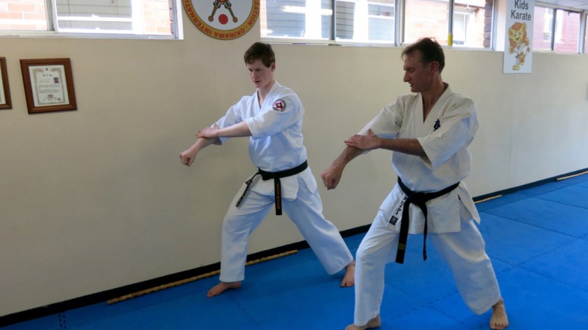Sensei Peter Olive runs Sempai Jason Lambe through Kanku Dai.